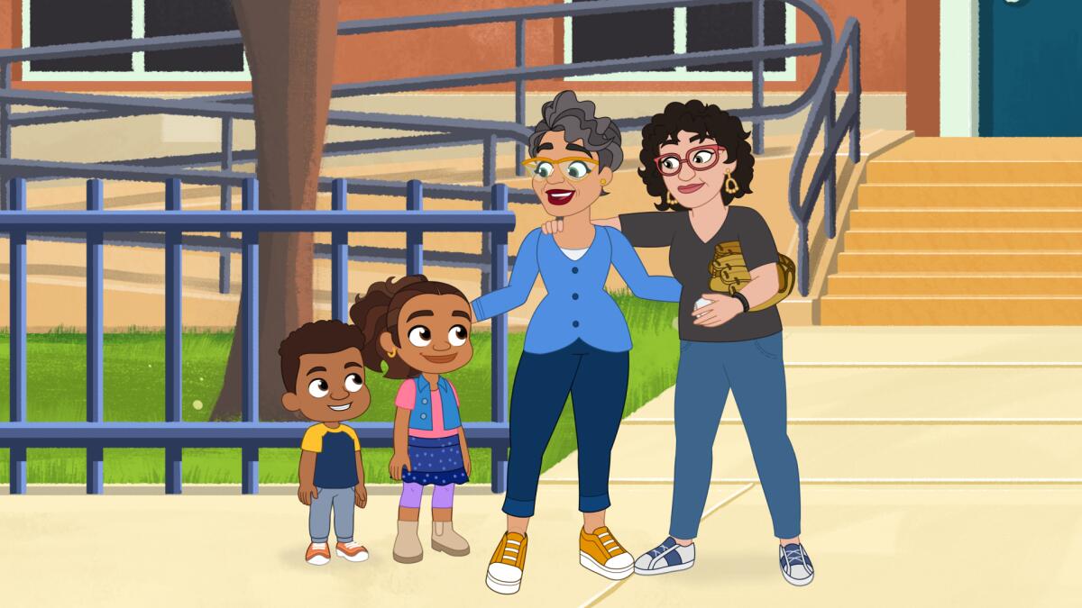 A cartoon still of Junior, Alma, Granny Isa and Sonia Sotomayor standing in front of the fence of a building.