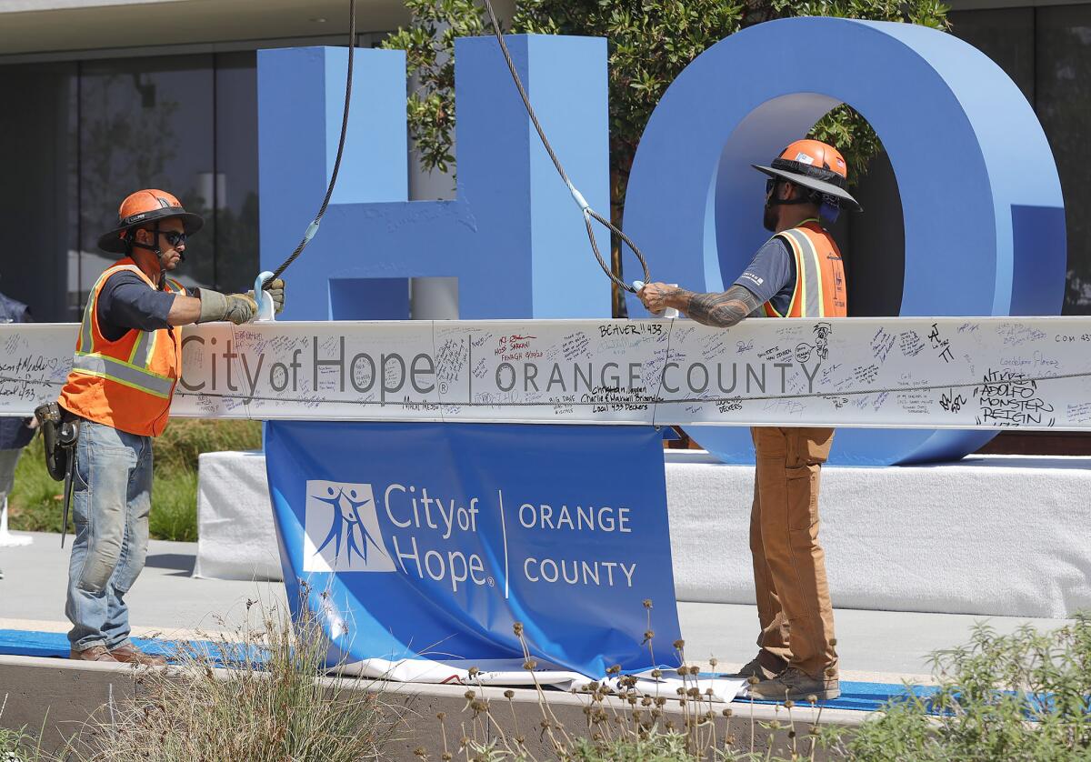 Iron workers secure the final steel beam to be lifted by a giant crane during Wednesday's "topping off" ceremony.