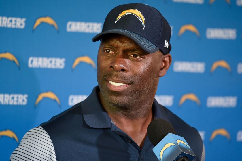 Los Angeles Chargers head coach Anthony Lynn speaks at a news conference after NFL football practice Tuesday, June 13, 2017, in San Diego. (AP Photo/Denis Poroy)