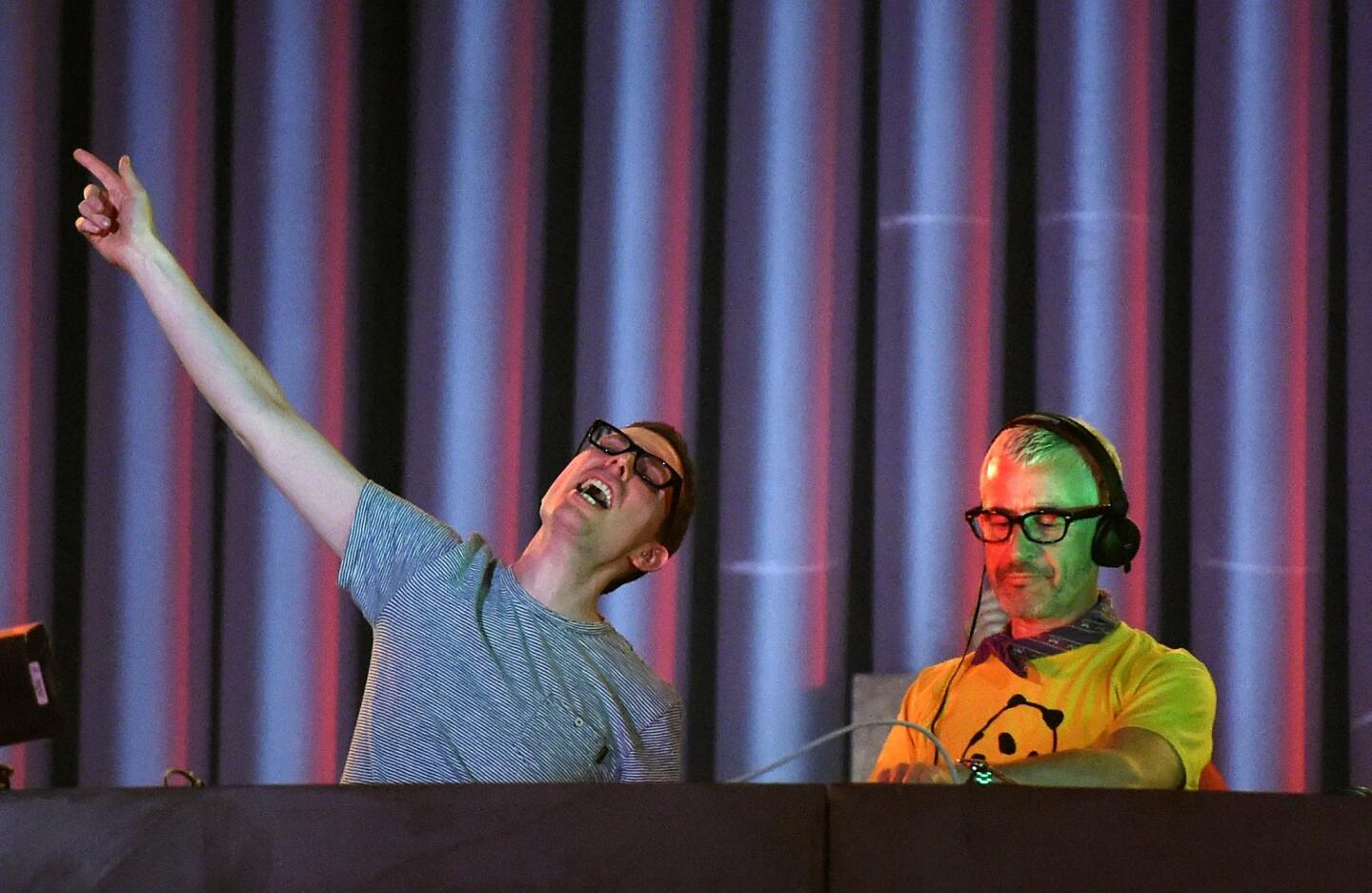 Recording artists Paavo Siljamaki, left, and Tony McGuinness of Above & Beyond perform during the 18th Electric Daisy Carnival at Las Vegas Motor Speedway.