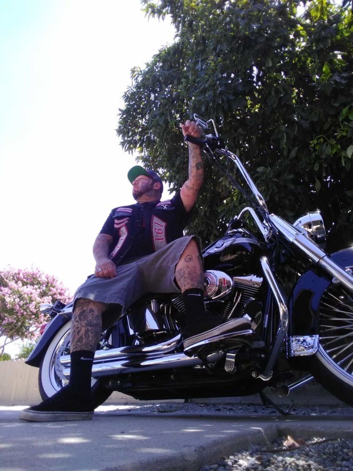 J. Upton on his Harley Davidson motorcycle.
