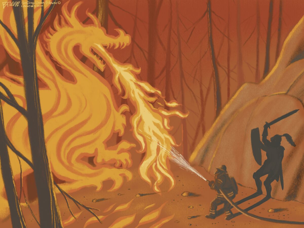 A firefighter casts a shadow as a knight fighting a fire-breathing dragon in this Breen cartoon