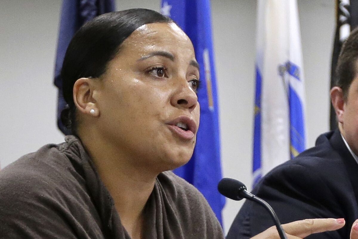FILE - In this June 26, 2018, file photo, then-Suffolk County District Attorney Democratic candidate Rachael Rollins speaks during a forum in Boston. On Tuesday, Aug. 11, 2020, District Attorney Rollins criticized The Massachusetts Bail Fund for paying for the release of a convicted rapist, who has since been charged with a new rape. A statement from the bail fund said Wednesday that it bails out people based on financial need "regardless of charge or court history" because it believes pretrial detention is "harmful and racist." (AP Photo/Steven Senne, File)