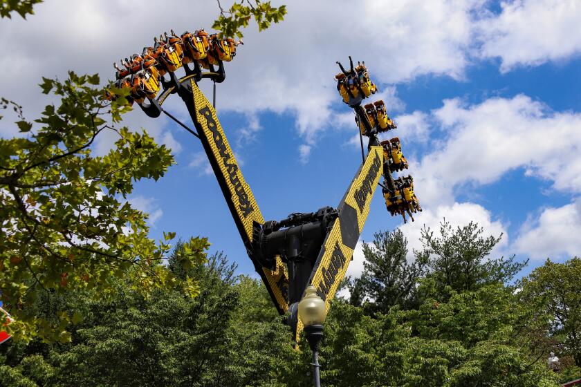 En una imagen del sábado 29 de agosto de 2020, visitantes del parque de diversiones Kennywood Park pasean en el juego "Aero 360" sobre las copas de los árboles en West Mifflin, Penssylvania. (AP Foto/Keith Srakocic)