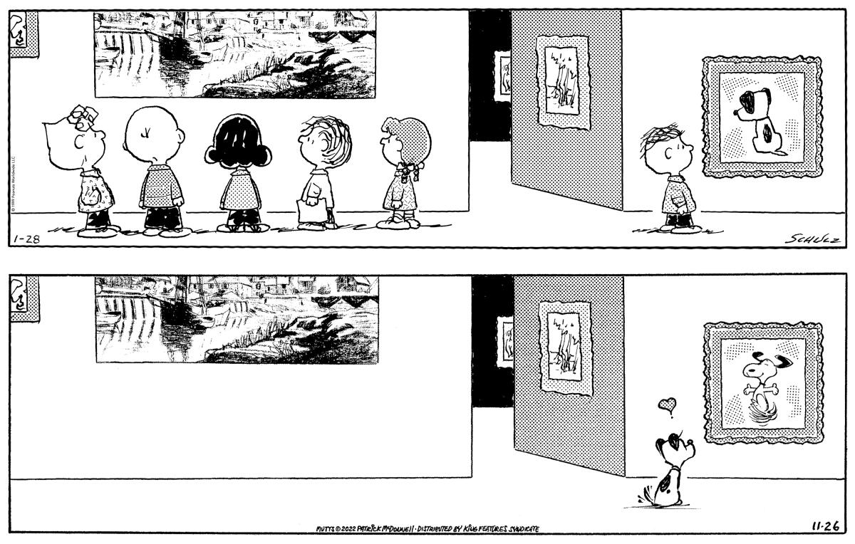 Esta combinación de imágenes muestra una tira cómica de "Peanuts" por Charles M. Schulz en 1999 