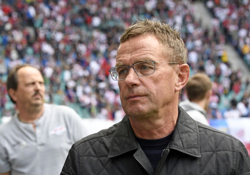 FILE - Leipzig's head coach Ralf Rangnick arrives for the German Bundesliga soccer match between RB Leipzig and SC Freiburg in Leipzig, Germany, on April 27, 2019. German coach Ralf Rangnick has been hired as Manchester United manager until the end of the season. The 63-year-old Rangnick has left his role as head of sports and development at Russian club Lokomotiv Moscow to take charge of the English club, which has been led by former player Michael Carrick since the firing of Ole Gunnar Solskjaer on Nov. 21. (AP Photo/Jens Meyer, File)