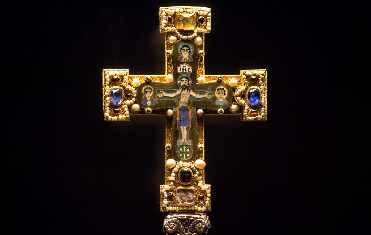 A medieval cross is displayed at the Bode Museum in Berlin.