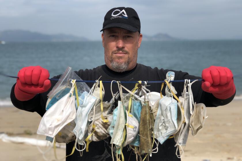 Environmental activist Gary Stokes displays dozens of discarded masks he collected from a Hong Kong beach in February.