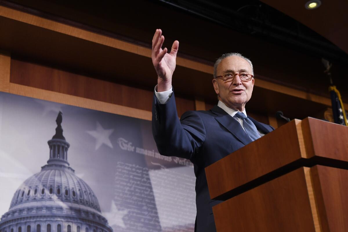 Senate Minority Leader Sen. Chuck Schumer (D-N.Y.) speaks during a news conference on Capitol Hill in Washington on Wednesday following a vote in the Senate to acquit President Trump on both articles of impeachment.