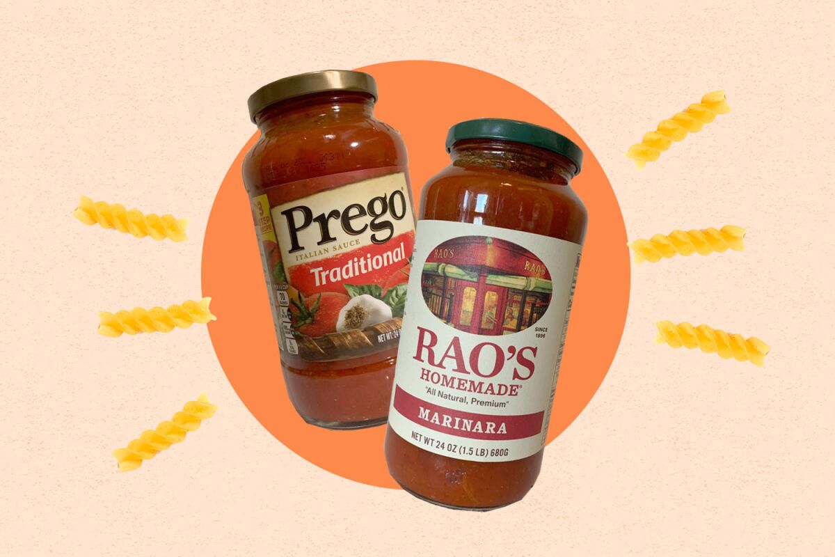 Two jars of pasta sauce, Rao's and Prego