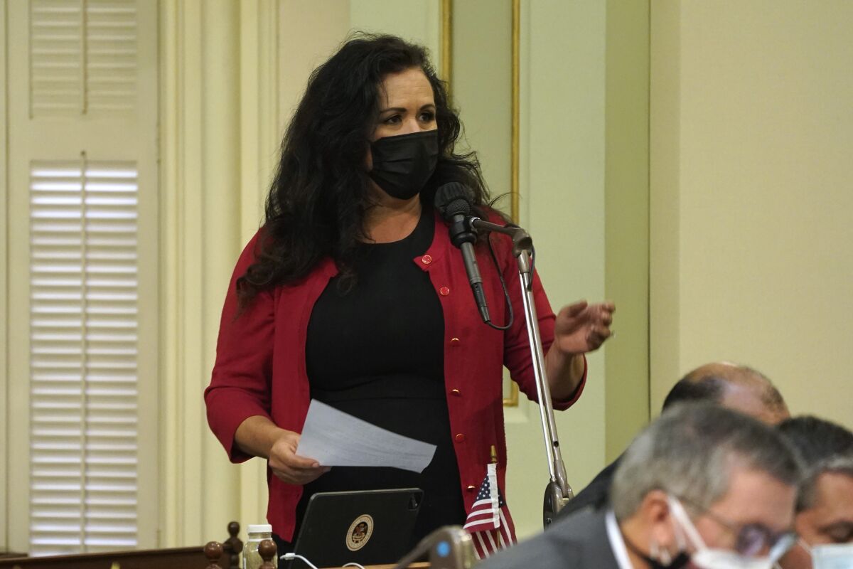 Assemblywoman Lorena Gonzalez, D-San Diego, speaks on the floor of the Assembly in Sacramento, Calif., Thursday, Sept. 2, 2021. The state Senate approved Gonzalez' bill, AB48, that would restrict the use of rubber bullets and chemical irritantes during protests. The bill now goes to the Assembly for a final vote. (AP Photo/Rich Pedroncelli)