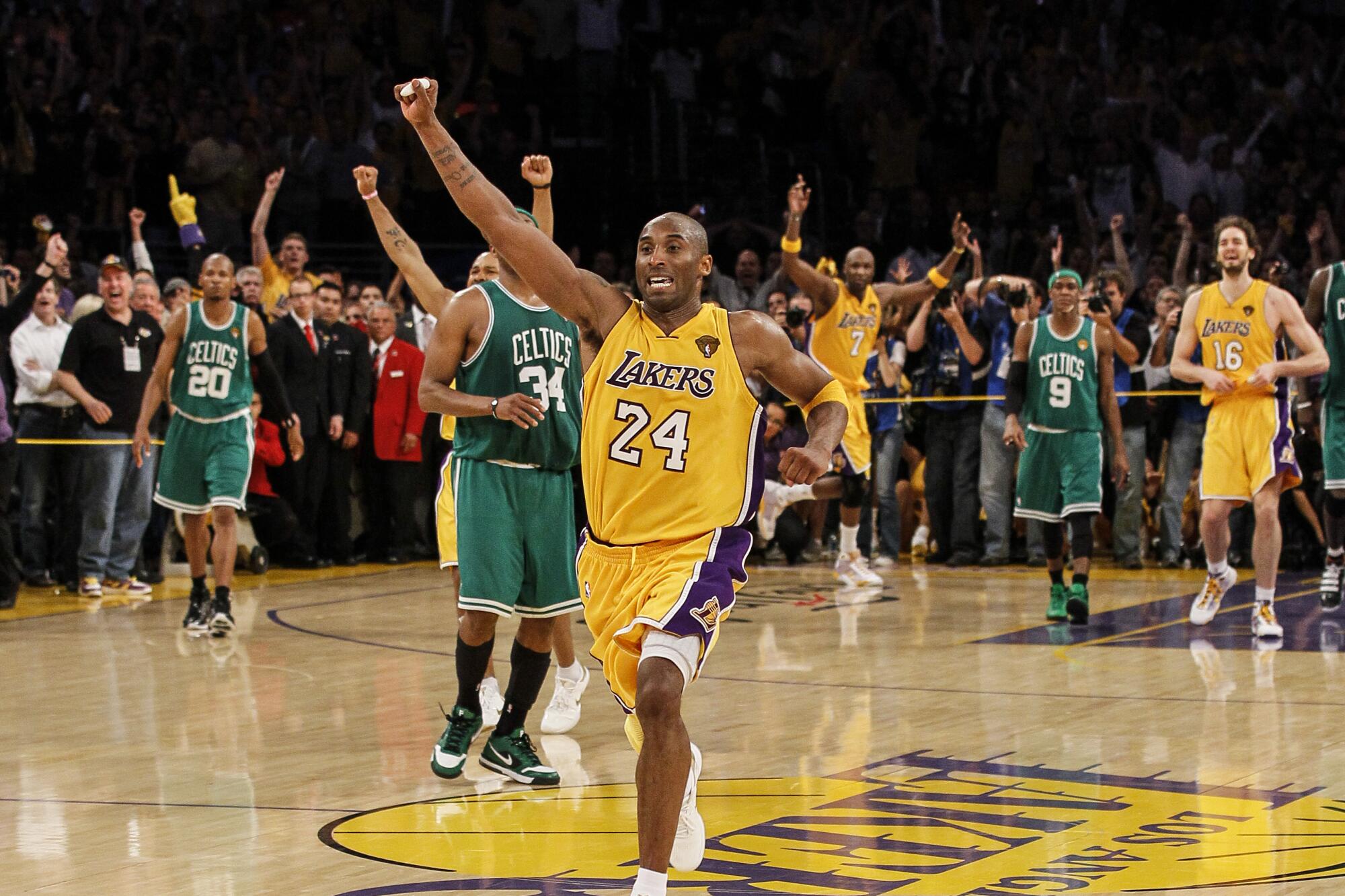 Kobe Bryant celebrates after the Lakers defeat the Boston Celtics in Game 7 of the 2010 NBA Finals at Staples Center.