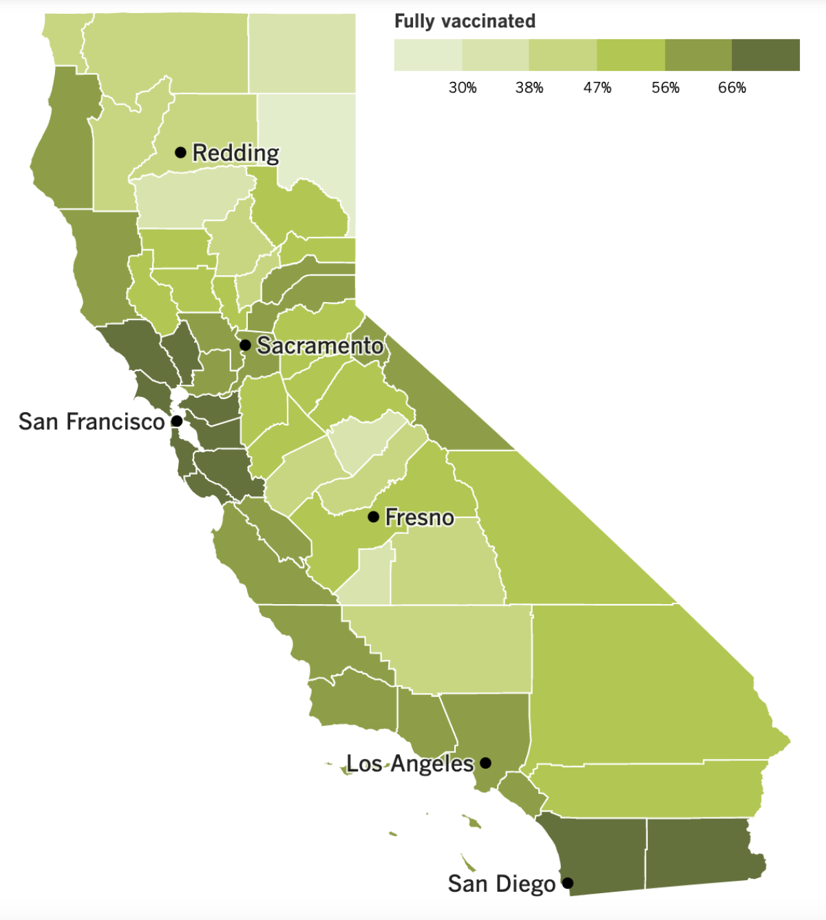 A map showing California's vaccination progress by county.