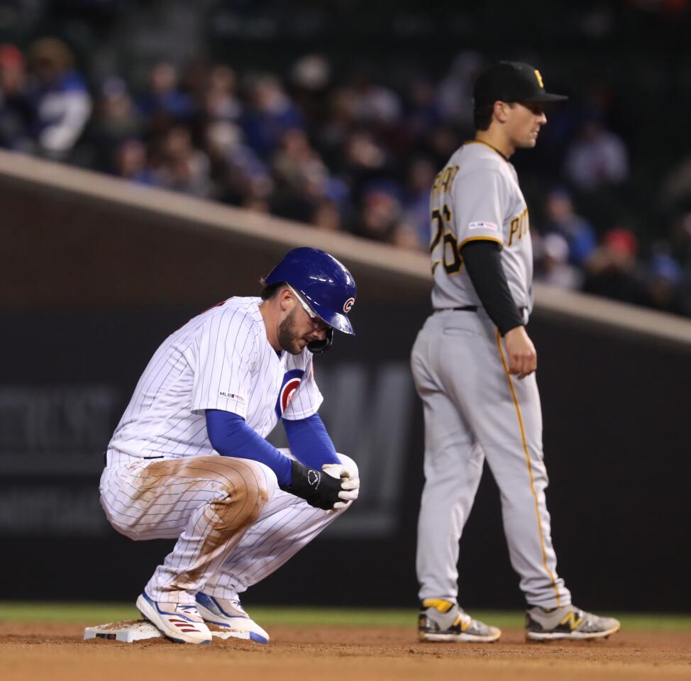 Cubs third baseman Kris Bryant rests at second base in the sixth inning against the Pirates on April 11, 2019, at Wrigley Field.