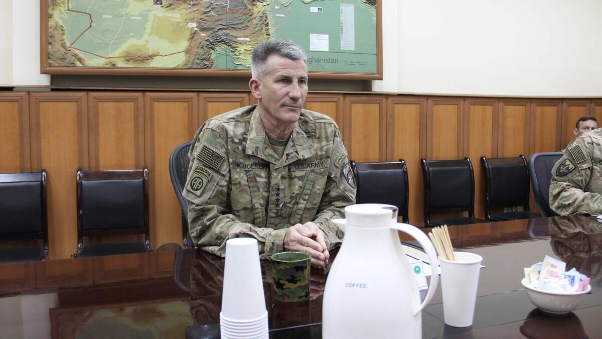 U.S. Army Gen. John W. Nicholson Jr. looks on during an interview in Kabul, the Afghan capital, on Oct. 23, 2016.