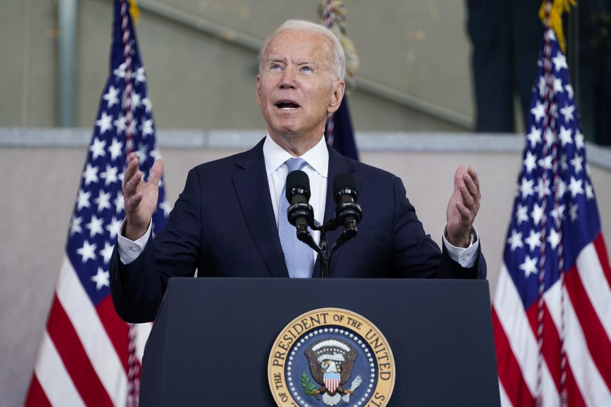 President Biden delivers a speech on voting rights at the National Constitution Center in Philadelphia on July 13. 
