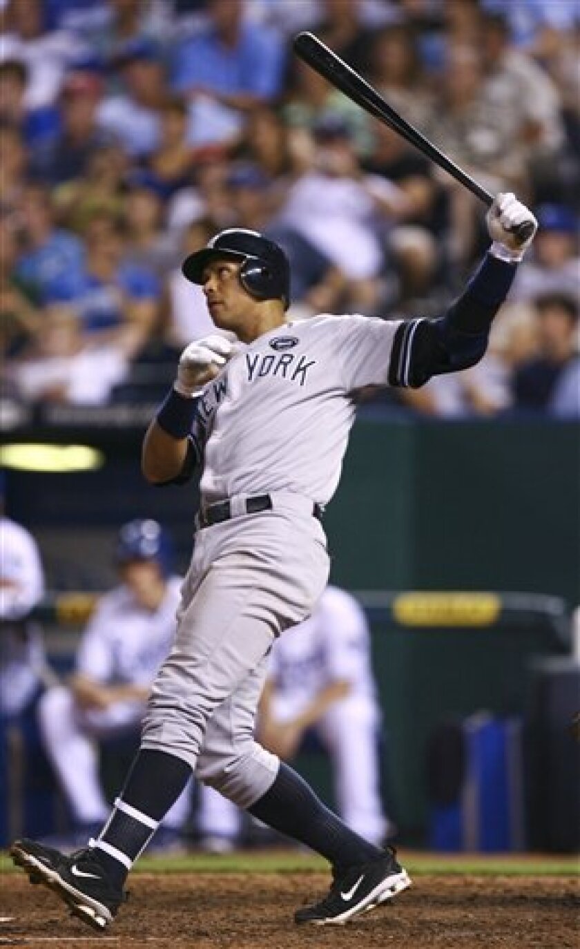 New York Yankees' Alex Rodriguez hits a home run in the seventh inning of a baseball game against the Kansas City Royals, Saturday, Aug. 14, 2010, in Kansas City, Mo. (AP Photo/Ed Zurga)