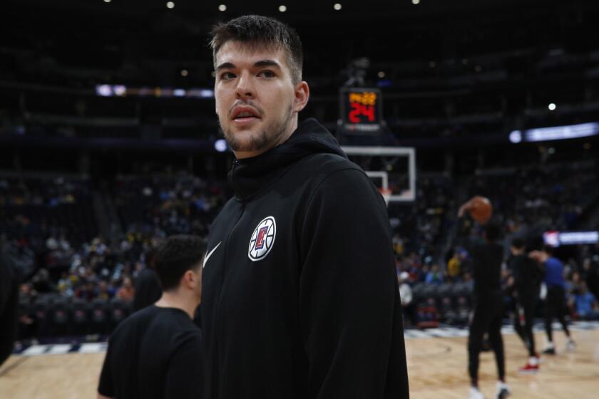 Los Angeles Clippers center Ivica Zubac (40) in the first half of an NBA basketball game Sunday, Feb. 24, 2019, in Denver. (AP Photo/David Zalubowski)