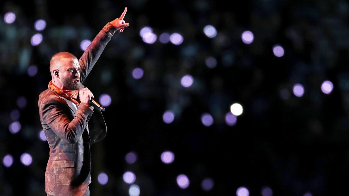 Justin Timberlake performs during Sunday's Super Bowl halftime show at U.S. Bank Stadium in Minneapolis.