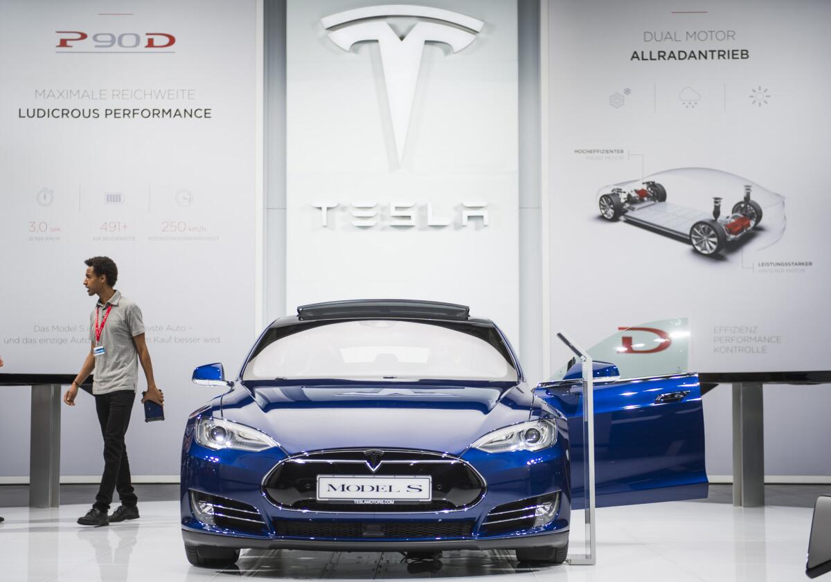 The Model S of US electric cars manufacturer Tesla Motors is seen during a press day of the 66th IAA auto show in Frankfurt am Main, western Germany, on Sept. 16.
