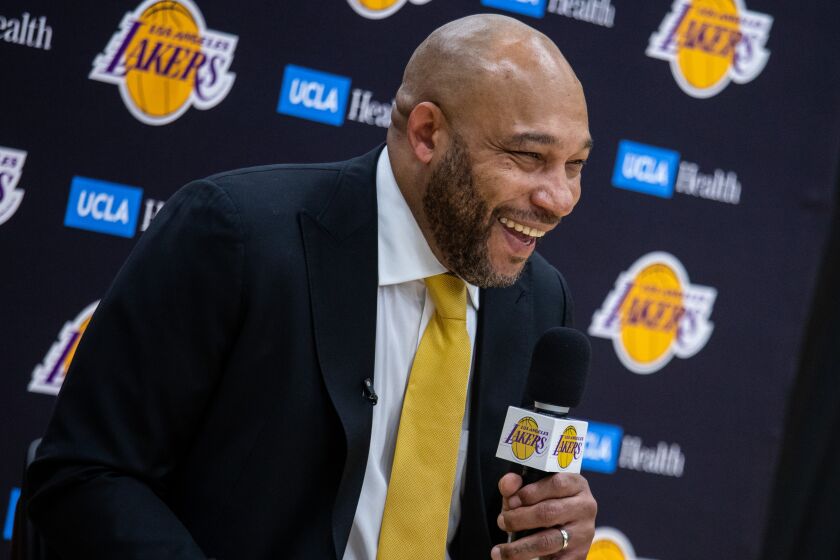 El Segundo, CA - June 06: New Los Angeles Lakers head coach Darvin Ham speaks to the media.