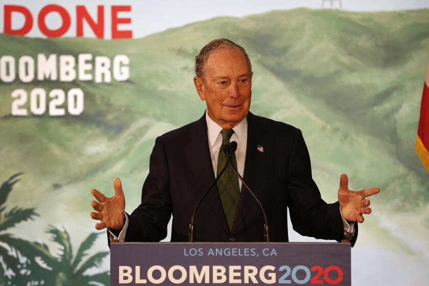 LOS ANGELES, CA - JANUARY 06, 2020 US Presidential candidate Michael Bloomberg make remarks to supporters and volunteers at the opening of a new field office at 645 South Olive St in downtown Los Angeles Monday morning January 6, 2020 as Bloomberg campaigns in Los Angeles. (Al Seib / Los Angeles Times)