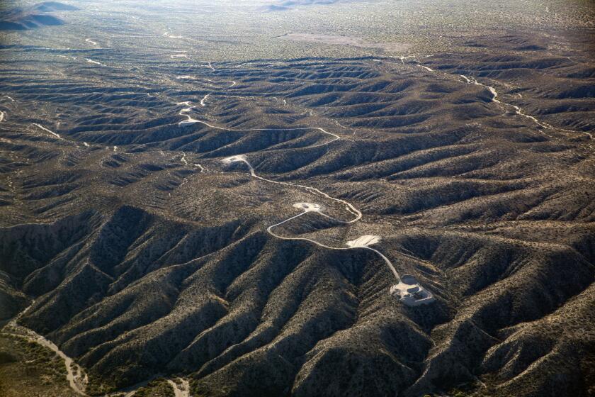 This aerial photo taken on Nov. 13, 2023, by Archaeology Southwest with a volunteer pilot and Lighthawk, a nonprofit organization, shows new access roads and tower pad sites west of the San Pedro River, near Redrock Canyon, in Arizona. A U.S. district judge has dismissed claims by Native American tribes and environmentalists who sought to halt construction along part of a $10 billion energy transmission line. (Archaeology Southwest via AP)