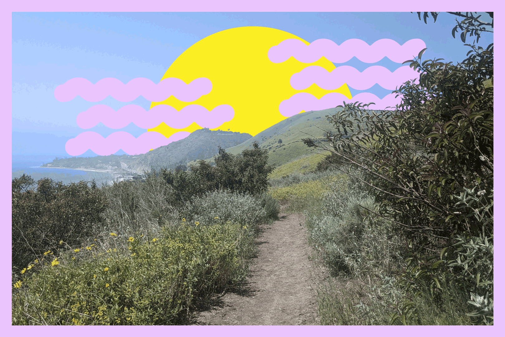 A dirt path looks out to hills and ocean in the distance. An illustrated yellow sun and two animated waves are set behind the hills.