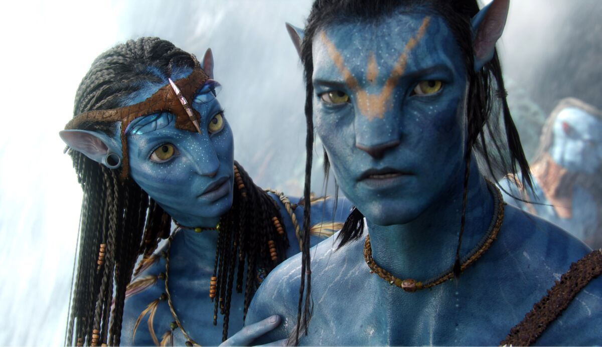 Characters voiced by Zoe Saldana and Sam Worthington are shown in a scene from, "Avatar" (2009).