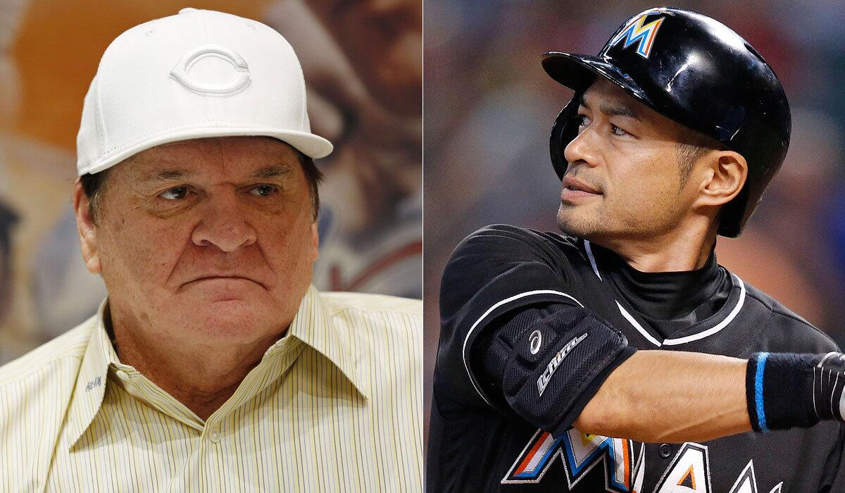 Pete Rose, left, shown in 2015, had 4,256 all-time hits; Ichiro Suzuki is closing in on that mark when his hits as a pro in Japan are counted.