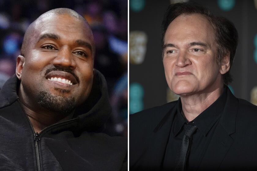 Left, Kanye West in Los Angeles, on March 11, 2022. Right, director Quentin Tarantino in London on Feb. 2 2020.
