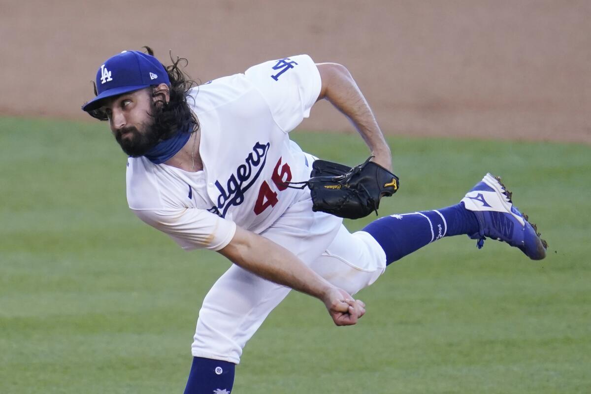 Dodgers pitcher Tony Gonsolin throws to the San Diego Padres during the first inning.