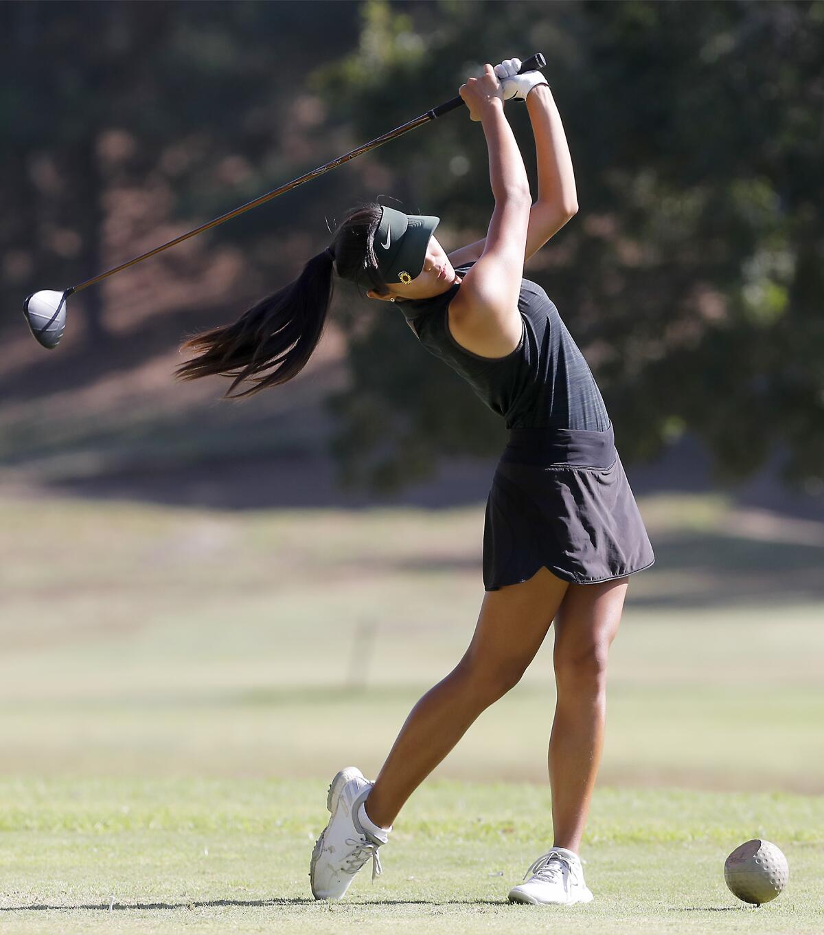 Edison's Chaemin Kim tees off the 11th hole in the CIF Southern Section Individual Southern Regional tournament at Los Serranos Country Club in Chino Hills on Tuesday.