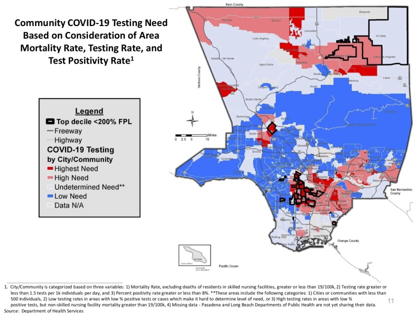 L.A. County officials released a map showing areas  in highest need of additional resources to test for the coronavirus.