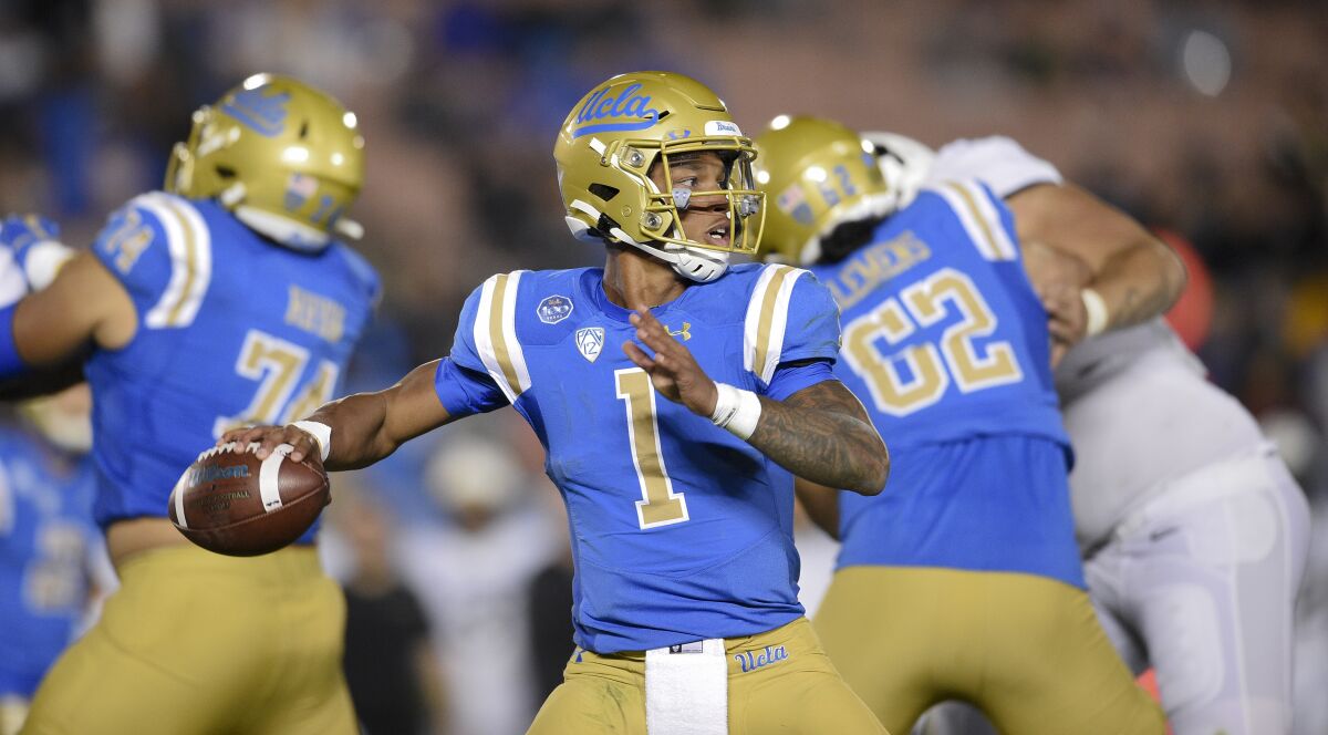 UCLA quarterback Dorian Thompson-Robinson looks to pass against Colorado on Nov. 2 at the Rose Bowl. 