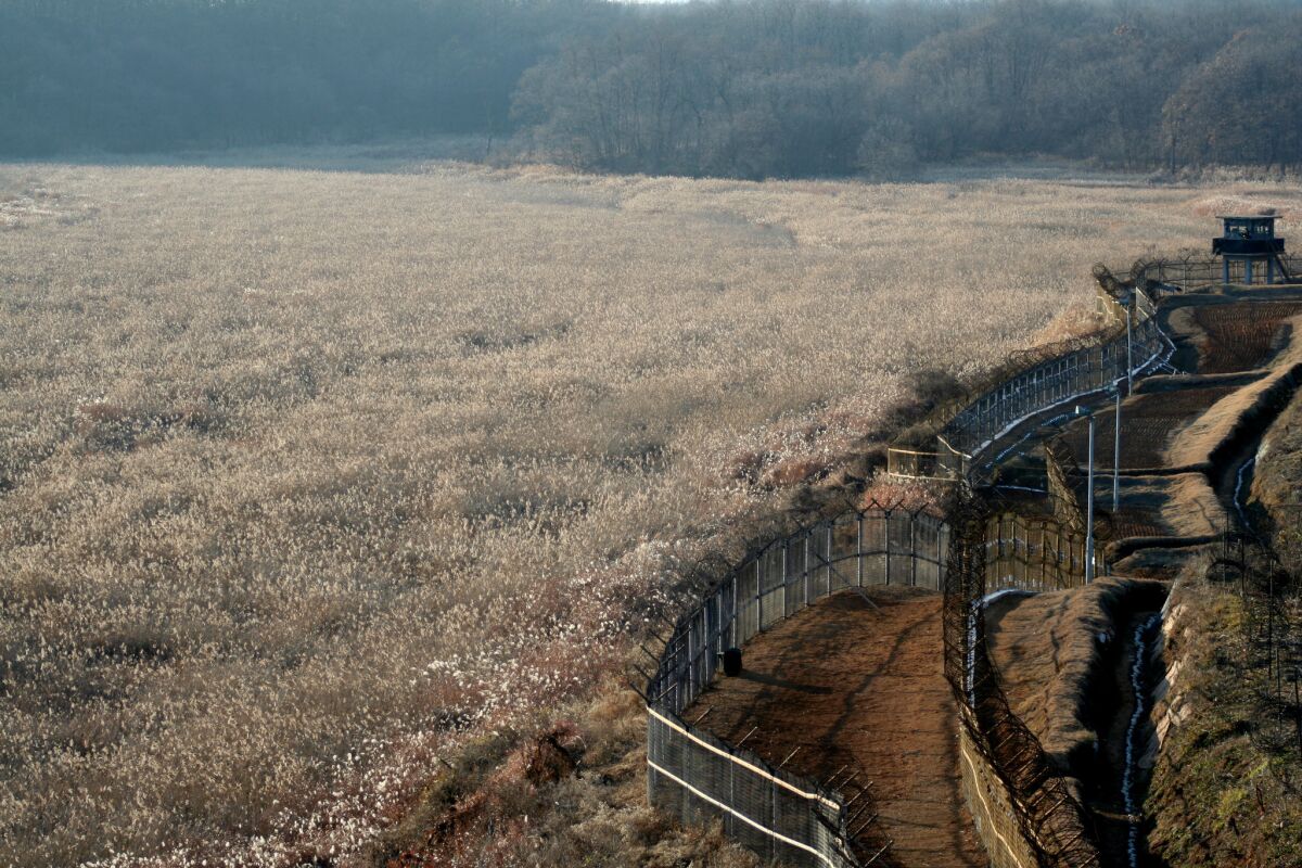 The southern edge of the DMZ, where nature yields to a South Korean military guard post near Cheorwon.