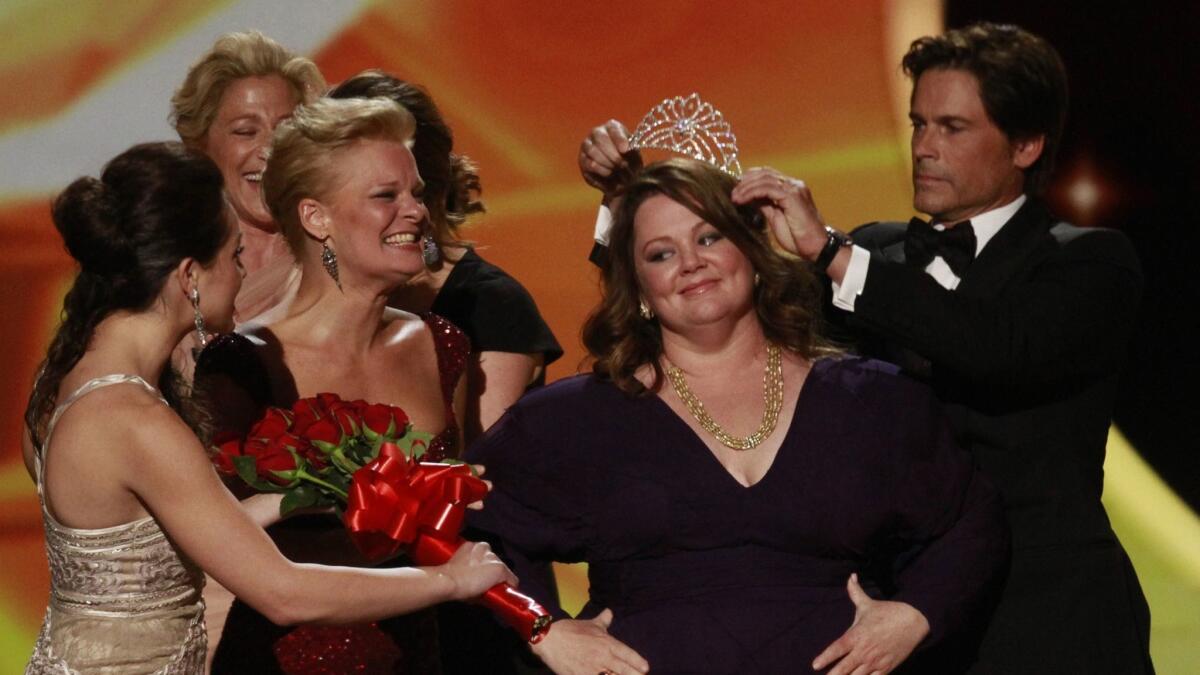 Melissa McCarthy with her crown and Emmy for Outstanding Lead Actress in a Comedy Series. during show coverage of The 63rd Annual Prime Time Emmy Awards Show on September 18, 2011 at Nokia Theatre, L.A. Live, Los Angeles, California.