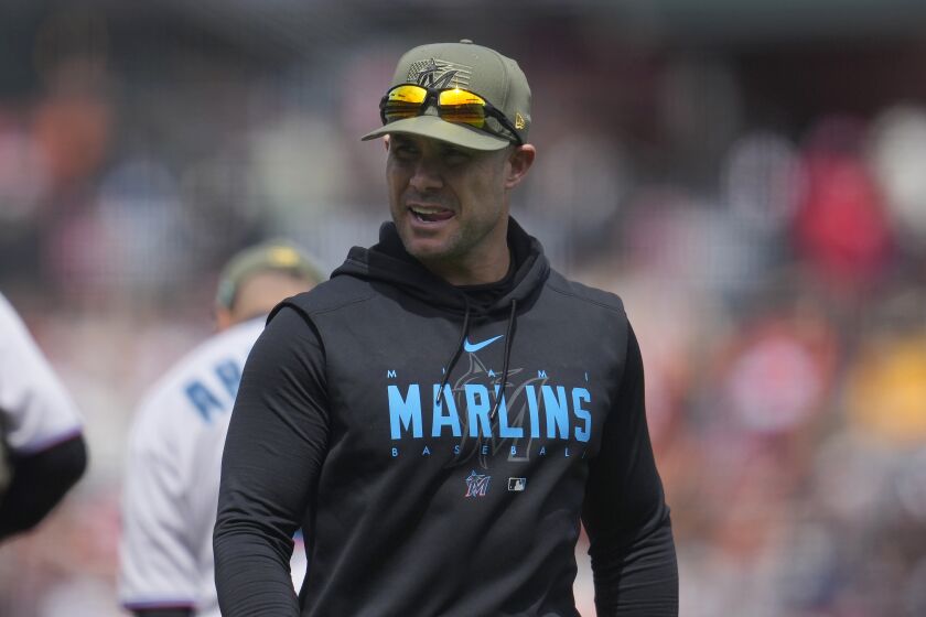 Miami Marlins manager Skip Schumaker during a baseball game against the San Francisco Giants in San Francisco, Sunday, May 21, 2023. (AP Photo/Jeff Chiu)