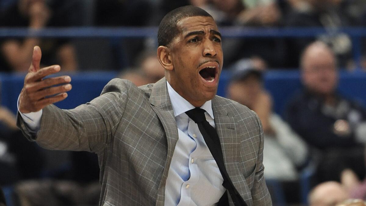 Connecticut Coach Kevin Ollie reacts during a game against South Florida in the first round of the American Athletic Conference tournament in Hartford, Conn., on March 12.