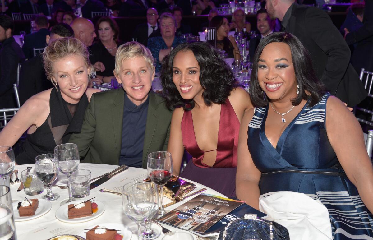 Actress Portia de Rossi, left, Ellen DeGeneres, Kerry Washington and writer-producer Shonda Rhimes attend the 26th Annual GLAAD Media Awards at The Beverly Hilton Hotel.