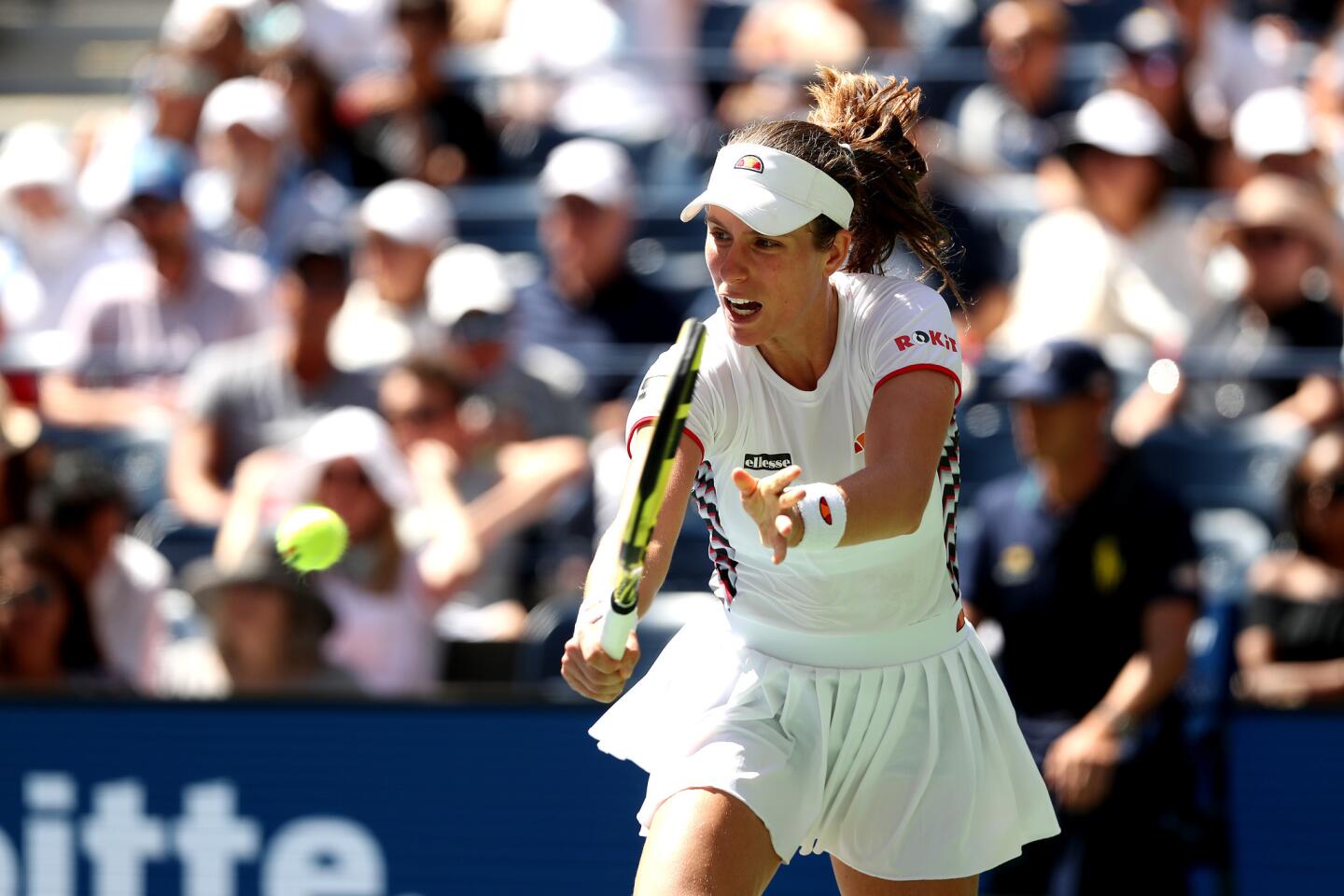 Johanna Konta of Great Britain returns a shot during her Women's Singles quarterfinal match against Elina Svitolina of Ukraine on day nine of the 2019 U.S. Open at the USTA Billie Jean King National Tennis Center on Sept. 3, 2019, in Queens.