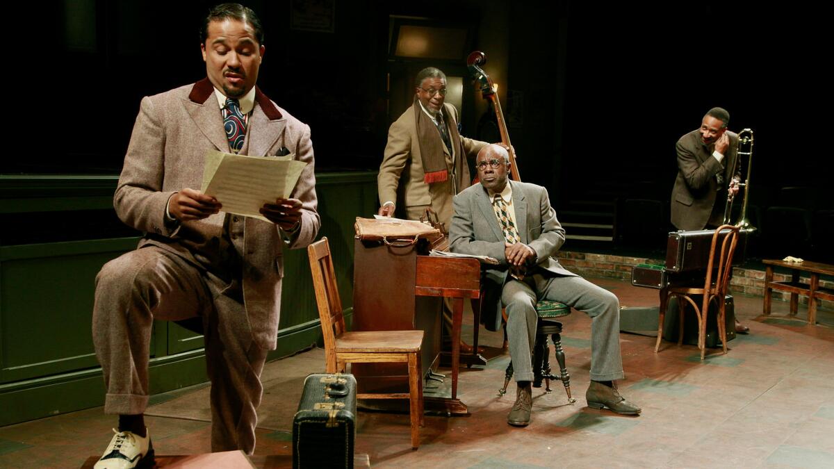 Jason Dirden, left, stars in "Ma Rainey's Black Bottom" with Keith David, Glynn Turman and Damon Gupton at the Mark Taper Forum.