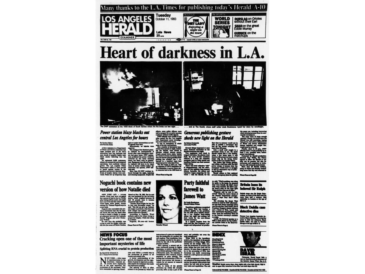Oct. 11, 1983: The front page of the Oct. 11, 1983, Los Angeles Herald Examiner was printed on the Los Angeles Times' presses following a major power outage in downtown L.A.