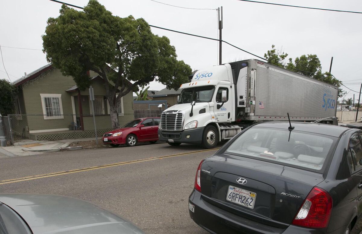 An 18 wheeler made it's way down 26th street in the Barrio Logan neighborhood of San Diego.