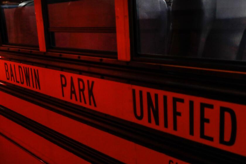 Cerritos, CA, Thursday, April 16, 2021 - A general view of the side of a bus for Baldwin Park Unified School. (Robert Gauthier/Los Angeles Times)
