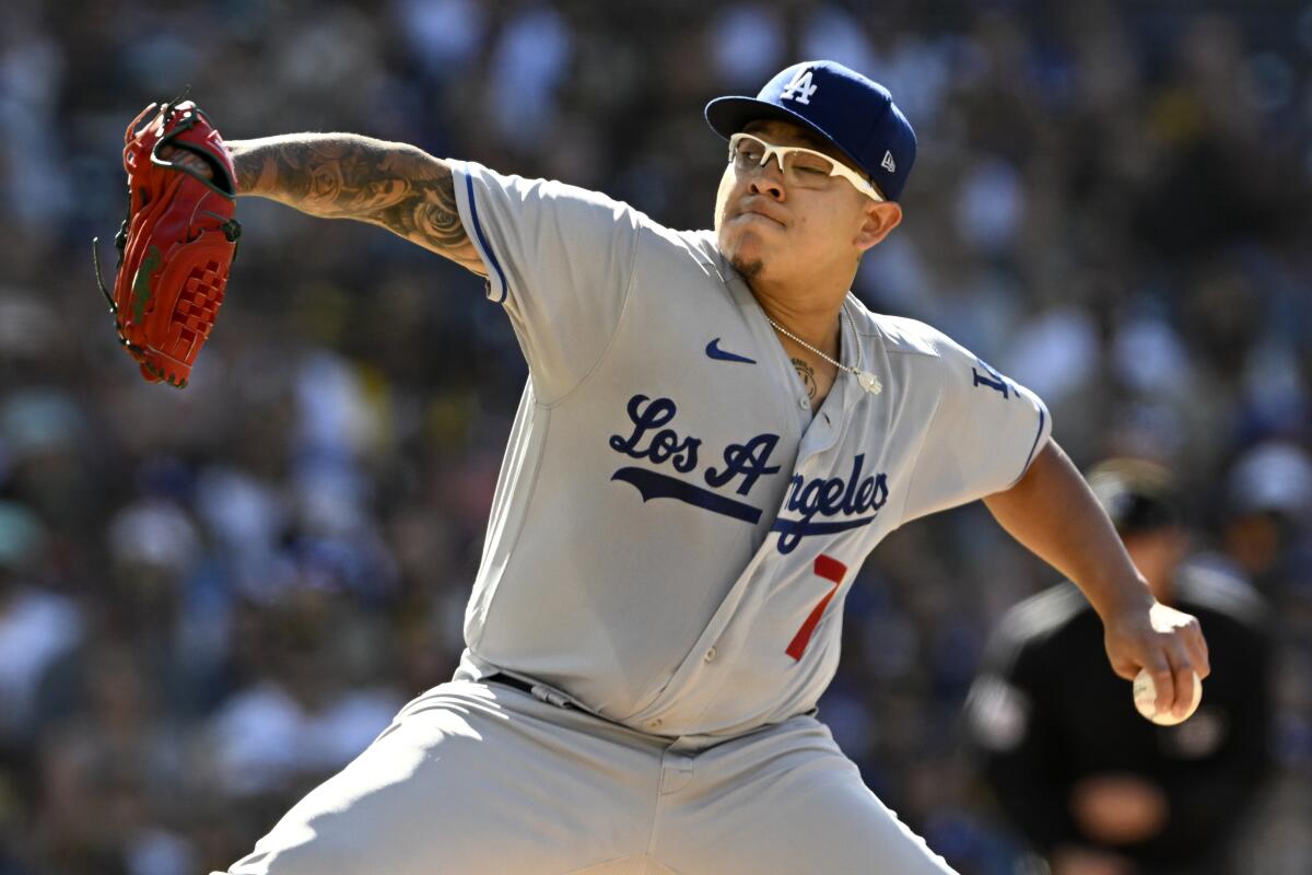Los Angeles Dodgers starting pitcher Julio Urias throws to a San Diego Padres batter during the first inning.