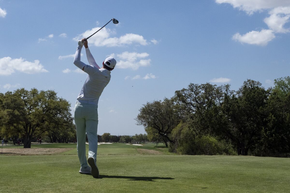 Dylan Frittelli tees off on the second hole during the third round of the Valero Texas Open golf tournament in San Antonio, Saturday, April 2, 2022. (AP Photo/Michael Thomas)