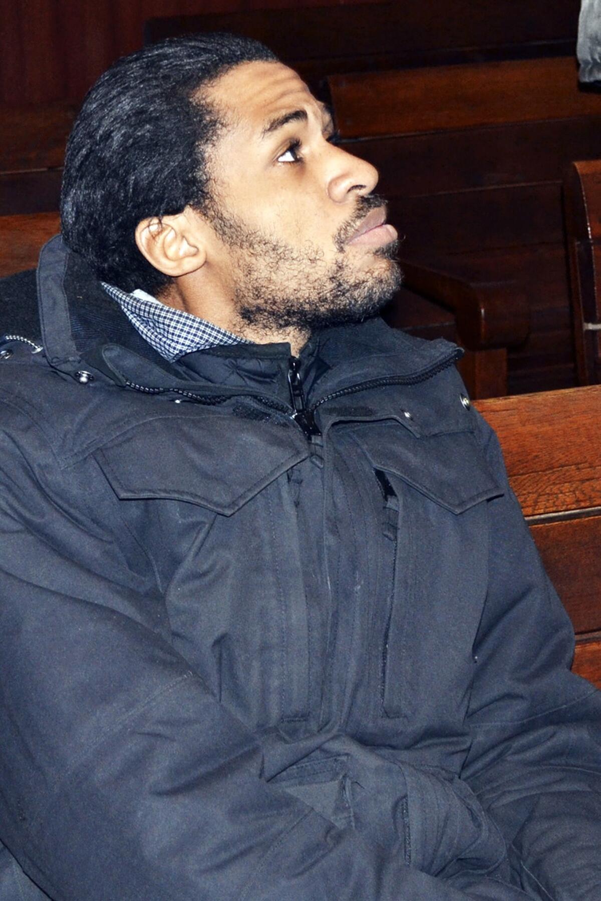 Frenchman Fritz-Joly Joachin, 29, a French citizen of Haitian origin is shown in the court in Haskovo, Bulgaria, on Monday.
