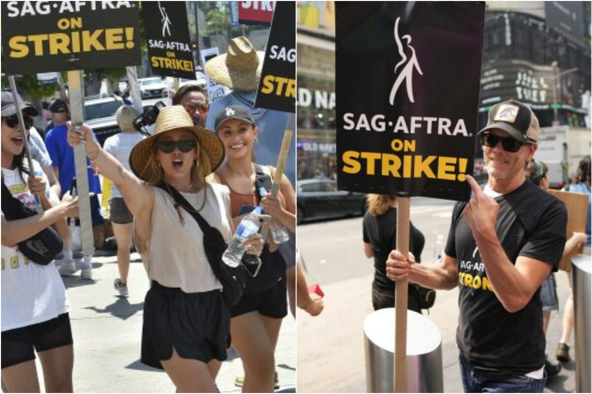 Hilary Duff and Kevin Bacon hold on-strike signs on picket lines in L.A., left, and New York