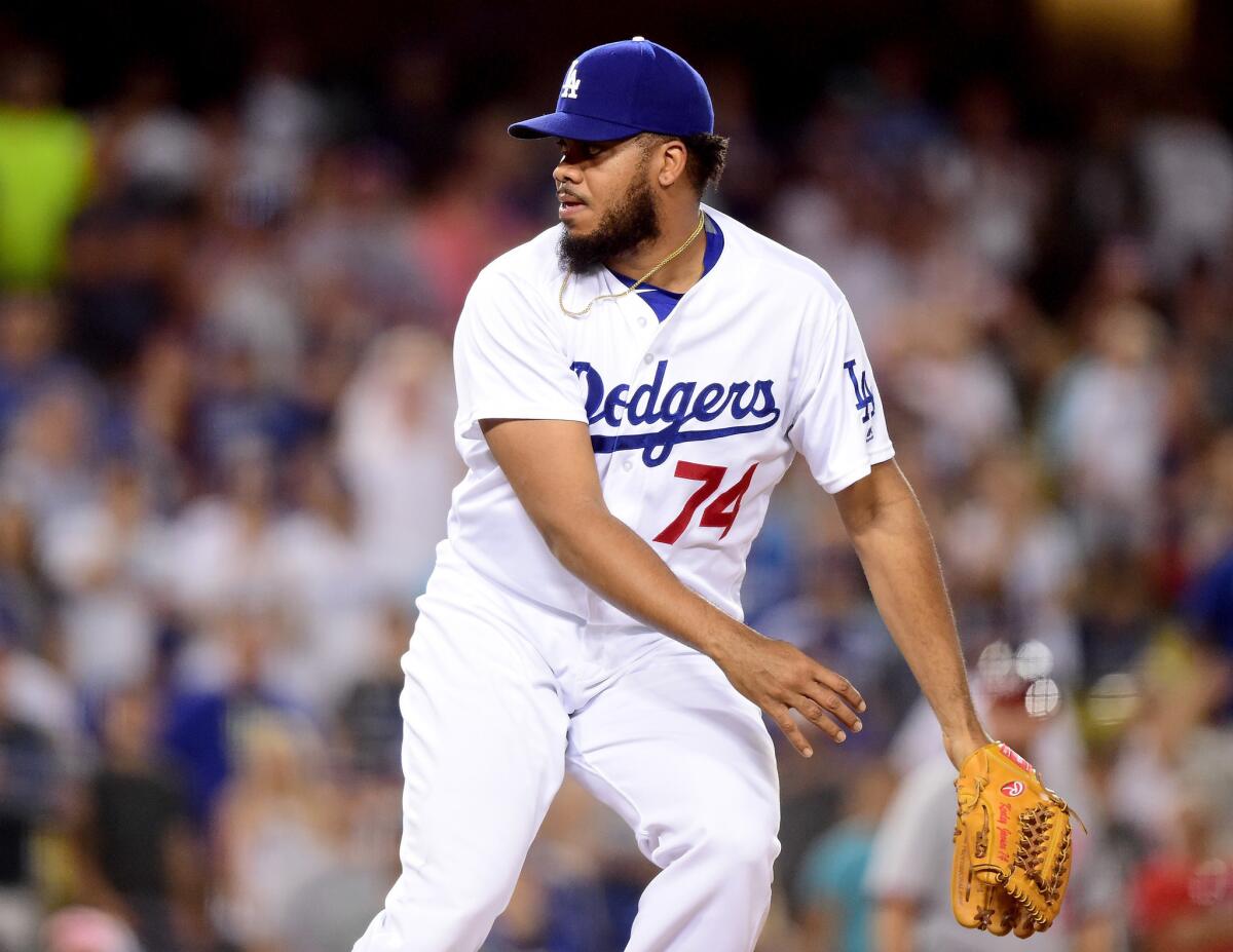 Dodgers closer Kenley Jansen (74) reacts to a groundball for the final out and a save to become the franchise's all-time saves leader.